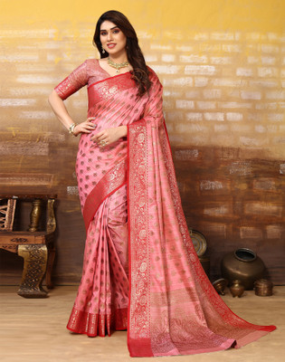 Satrani Woven, Embellished Banarasi Silk Blend Saree(Pink, Gold)