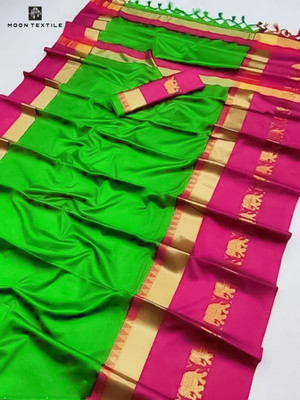 MoonTextile Temple Border Assam Silk Cotton Silk Saree(Pink)