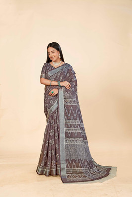 Ethnic Trendz Digital Print Saree with Attached Blouse Cotton Linen Saree(Brown)