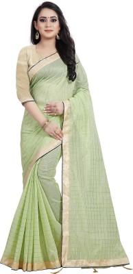 Indian Fashionista Checkered Daily Wear Cotton Silk Saree(Light Green)