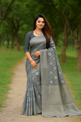 Samai Printed Banarasi Cotton Blend Saree(Grey)