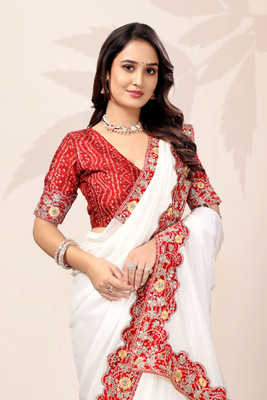 Mortile Designer Studio Embroidered Banarasi Organza Saree(White)