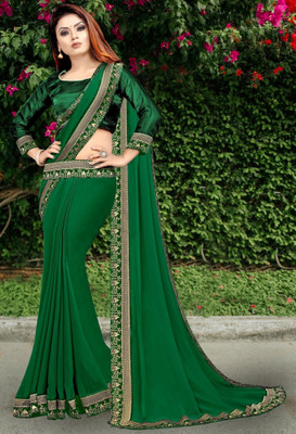 HNC Retail Temple Border, Solid/Plain Bollywood Lycra Blend, Chiffon Saree(Green, Black)