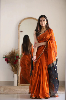 AMRUTKALA SAREES Woven Banarasi Cotton Silk Saree(Orange)