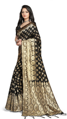 SOMVATI Woven, Self Design, Embellished Kanjivaram Art Silk, Jacquard Saree(Black)