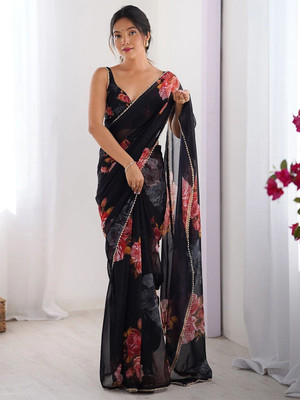 ROOP SUNDARI SAREES Floral Print, Printed Daily Wear Georgette Saree(Black)