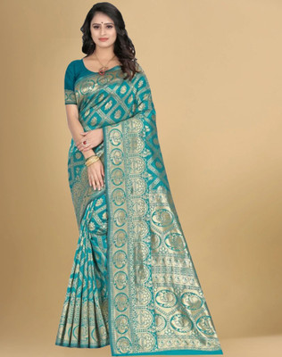 Divastri Woven, Embellished Banarasi Silk Blend, Jacquard Saree(Blue)