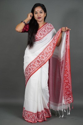 Rnn Saree Embroidered Handloom Pure Cotton Saree(Red, White)