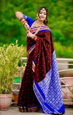 Afronza Temple Border, Self Design, Applique Sambalpuri Satin, Cotton Silk Saree(Maroon, Green)