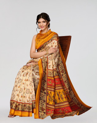 Nirvaan Printed Mysore Art Silk Saree(Yellow)