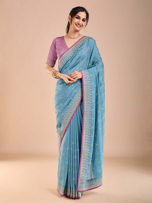 Sareemall Embroidered Bollywood Silk Blend Saree(Light Blue)