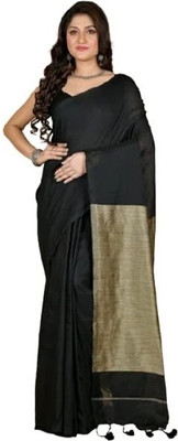 zayraa Solid/Plain Daily Wear Cotton Blend Saree(Black)