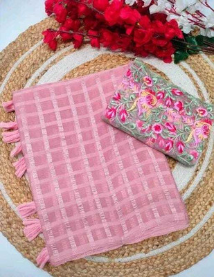CLICKTHEMALL Checkered Bollywood Chiffon Saree(Pink)