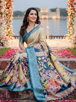 ZAMUNA Digital Print, Floral Print, Woven, Animal Print Banarasi Tussar Silk, Linen Saree(Blue, Orange)