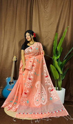 Pasum's Self Design, Embroidered, Woven, Floral Print Jamdani Cotton Silk Saree(Yellow, Beige)