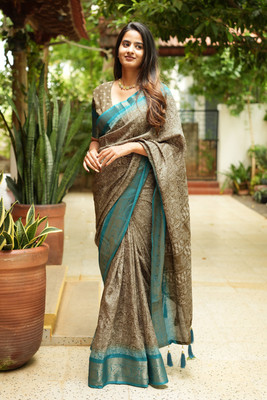 MIRCHI FASHION Printed, Embellished Bollywood Cotton Silk, Cotton Blend Saree(Light Blue, Brown)