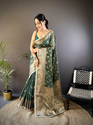 LeeliPeeri Designer Self Design Banarasi Tissue, Silk Blend Saree(Green)