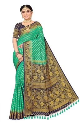 COSBILA FASHION Woven Banarasi Cotton Silk Saree(Green, Blue)