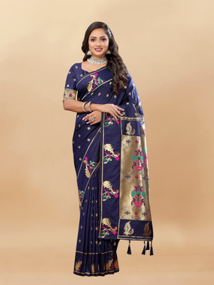 Bansari Textiles Self Design, Woven, Applique, Printed, Temple Border, Striped Paithani Jacquard, Cotton Blend Saree(Dark Blue)
