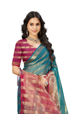 Aarunika IC Embellished Bollywood Organza Saree(Green, Red)