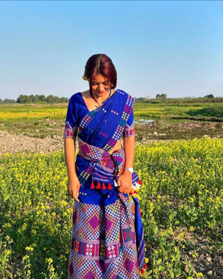 Sheden Lopez Creation Animal Print Mekhela Chador Cotton Blend Saree(Blue)