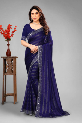 VEERAIVA Embroidered, Self Design Bollywood Chiffon Saree(Blue)