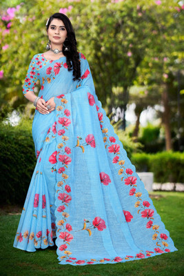 supalee tex Digital Print Bollywood Linen Saree(Light Blue)