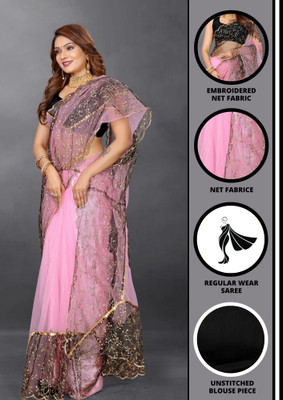 Barkiya Creation Embroidered Bollywood Net Saree(Pink)