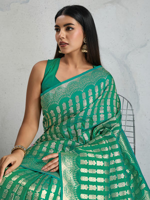 Pbs Prints Woven Banarasi Silk Blend Saree(Green)