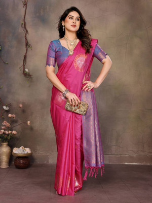 MOON VOGUE Self Design Saree with Attached Blouse Art Silk Saree(Pink)