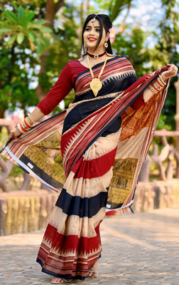 Ethnic Sarees Orissa Printed, Digital Print Sambalpuri Pure Cotton Saree(Brown)
