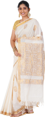 RSV FABRICS Embroidered Kasavu Cotton Blend Saree(Beige)
