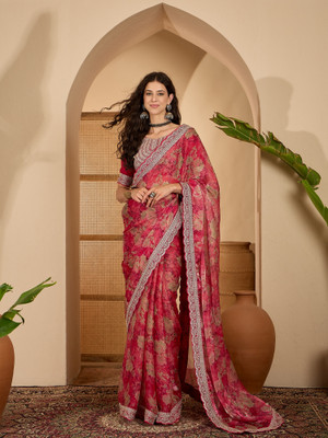 Vichitra Floral Print Bollywood Chiffon Saree(Pink)