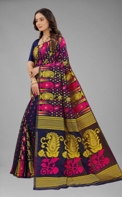 ABEight Striped, Woven, Self Design, Solid/Plain Jamdani Cotton Silk, Cotton Blend Saree(Dark Blue)
