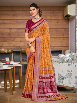 all about you Woven Daily Wear Silk Blend Saree(Orange)