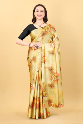 Veechis Floral Print Bollywood Satin Saree(Multicolor)