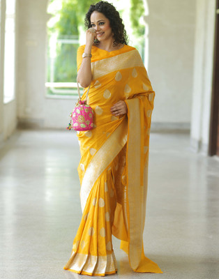 Samah Woven Banarasi Jacquard, Silk Blend Saree(Yellow)