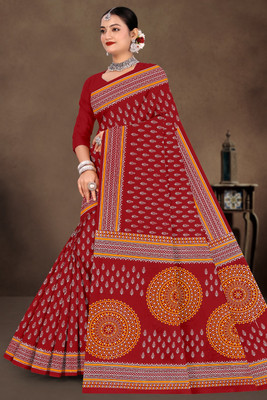 mahakali Printed Bandhani Pure Cotton Saree(Red)