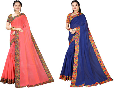 manish Solid/Plain Chanderi Cotton Blend Saree(Pack of 2, Blue, Pink)