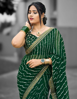 Satrani Printed, Embroidered, Embellished Leheria Chiffon, Georgette Saree(Dark Green, White)