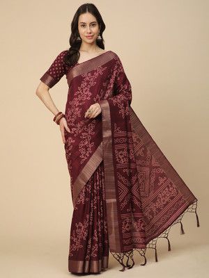 RATAN Printed Saree with Attached Blouse Art Silk Saree(Magenta)