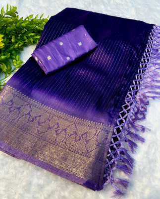 RAAVIENTERPRISE Striped, Embellished, Self Design Bollywood Silk Blend Saree(Purple)