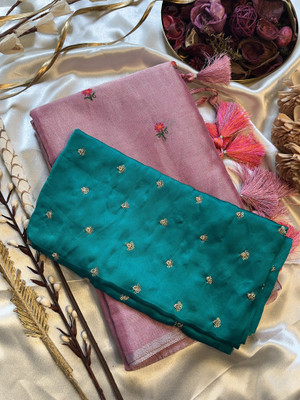 PENNINSWAG Embroidered, Self Design Daily Wear Cotton Blend Saree(Pink, Green)