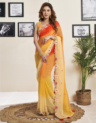 all about you Dyed, Embellished, Embroidered Bollywood Georgette Saree(Yellow, Orange)