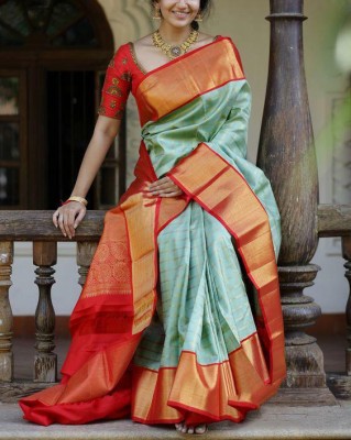 SHOPDROP Woven Kanjivaram Pure Silk Saree(Light Green)