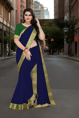 Volmina Solid/Plain Chanderi Cotton Blend Saree(Dark Blue)