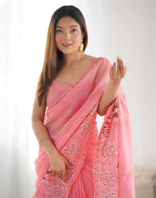 Samah Embroidered, Embellished Bollywood Silk Blend Saree(Pink)