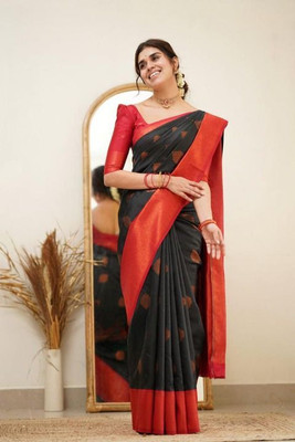 HouseOfCommon Printed Banarasi Pure Silk Saree(Black)