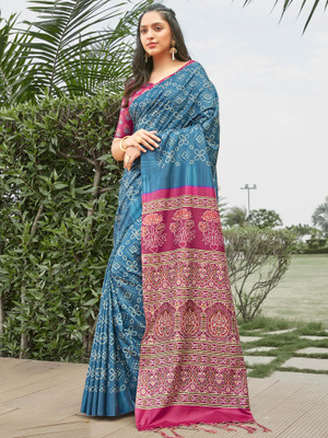 Sareemall Digital Print Bandhani Silk Blend Saree(Blue)