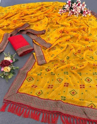 ZENFAB THREADS Self Design, Embroidered Bollywood Georgette, Lace Saree(Yellow)